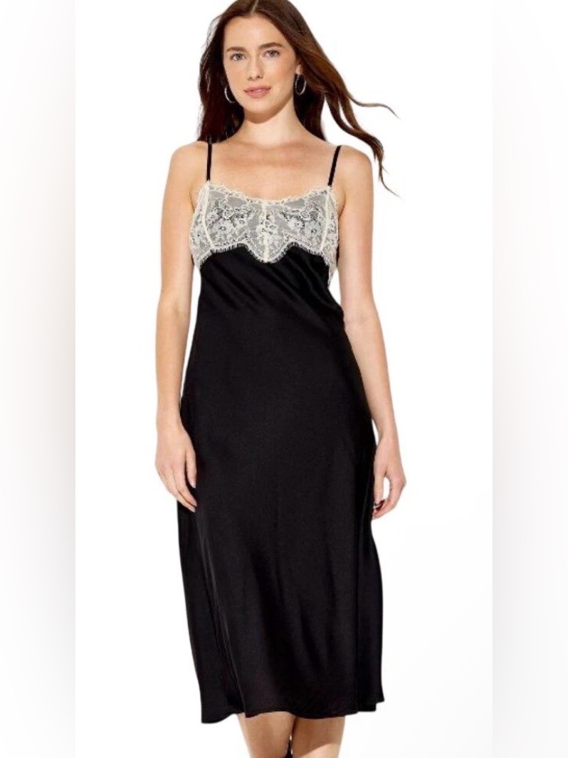 Nwt Wild Fable Black Satin And Lace Maxi Slip Dress Size Medium